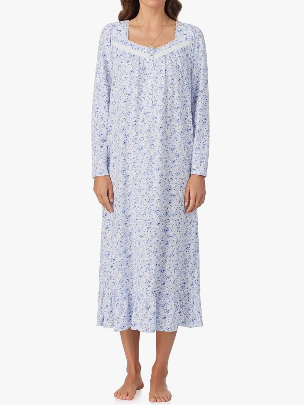 EILEEN WEST Floral Long Sleeve Cotton Peached Jersey Winter Floral Nightgown S